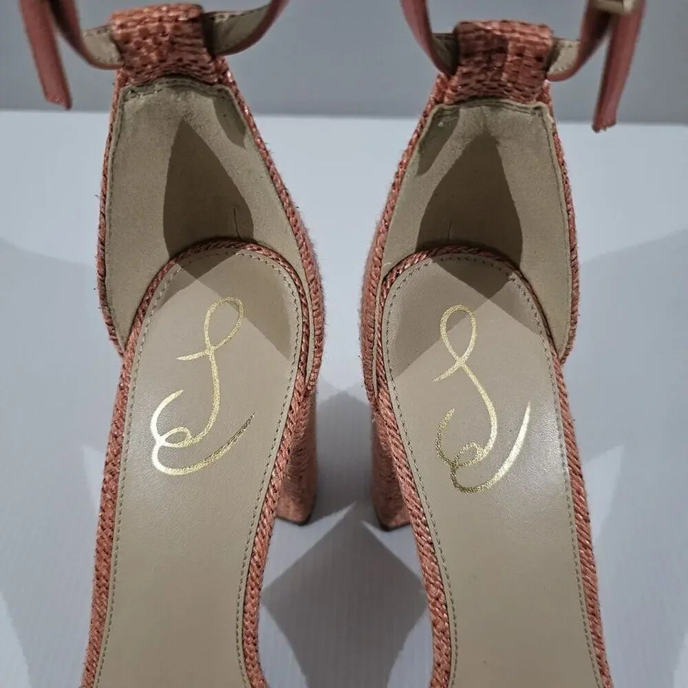 Sam Edelman Yaro Block Heel Sandal Womens 10.5 Pink Coral Woven Ankle Strap